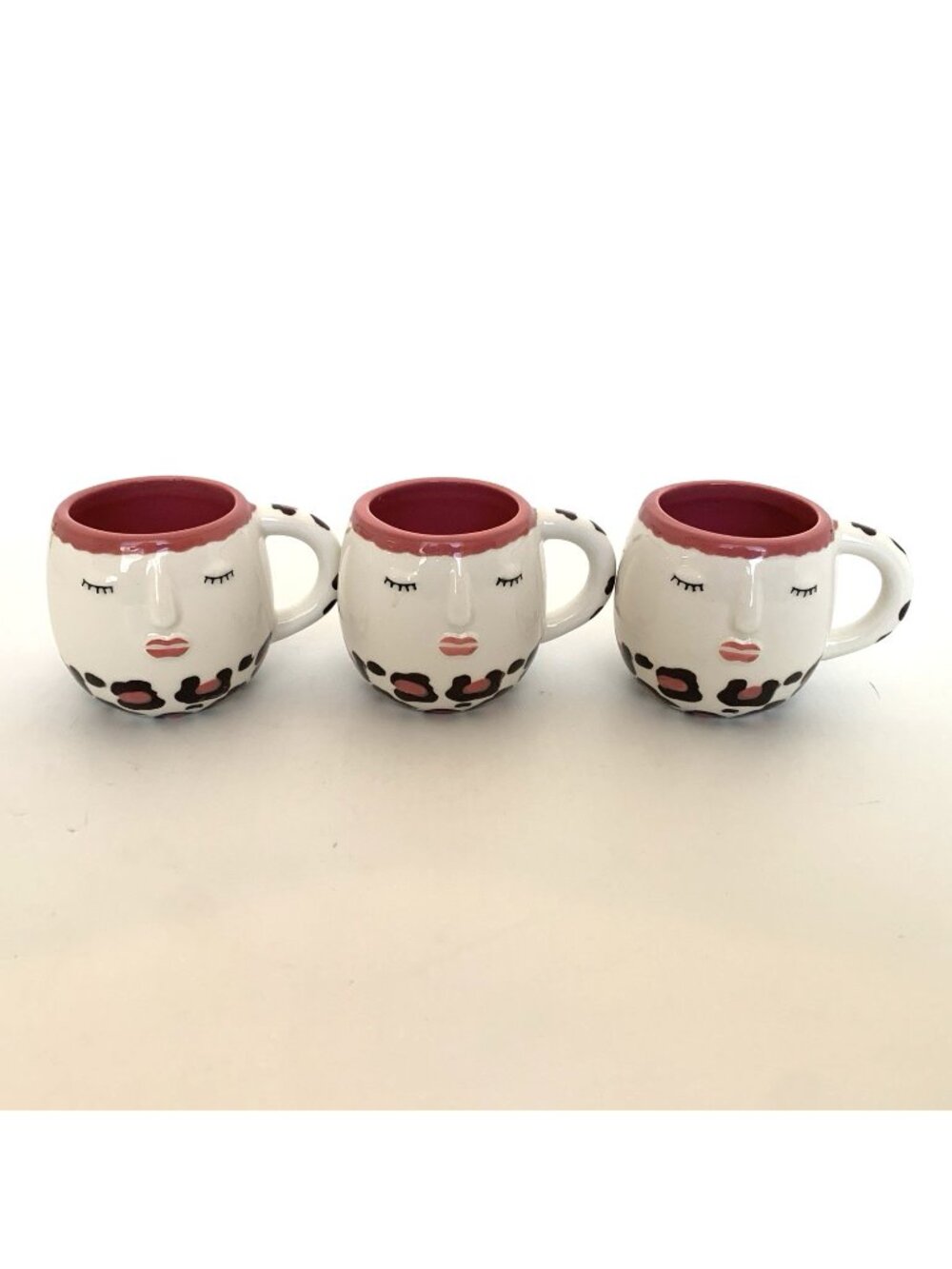 LANG Design Lady Face Leopard Print Demitasse Espresso Cups Set of 3 Pink 4oz